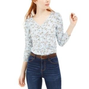 NWT Crave Fame Juniors' Medium Blue Floral Ruched 3/4 Sleeve Top